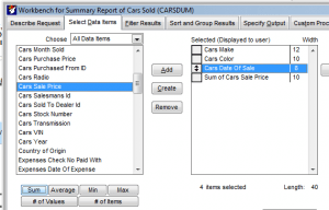The Select Data Items tab in a summary report includes aggregation functions at the bottom.